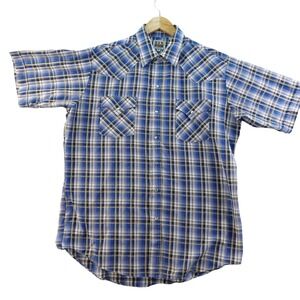 Vintage Ely Cattleman Since 1878 Mens L Blue Plaid Short Sleeve Western Shirt